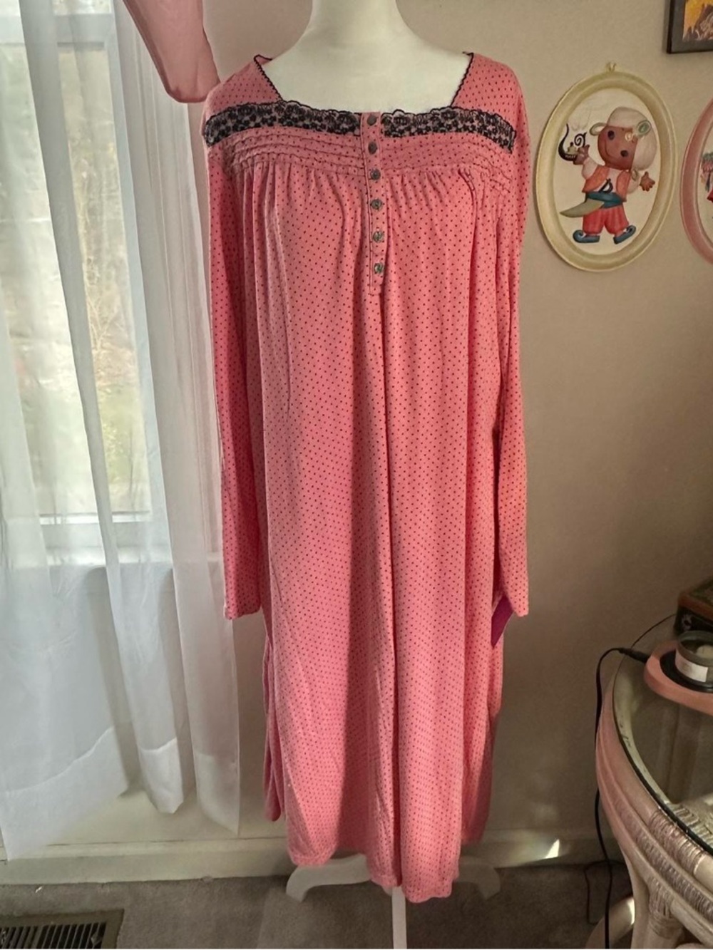American Vintage Pink Long Sleeve Nightgown with Black Lace Trim